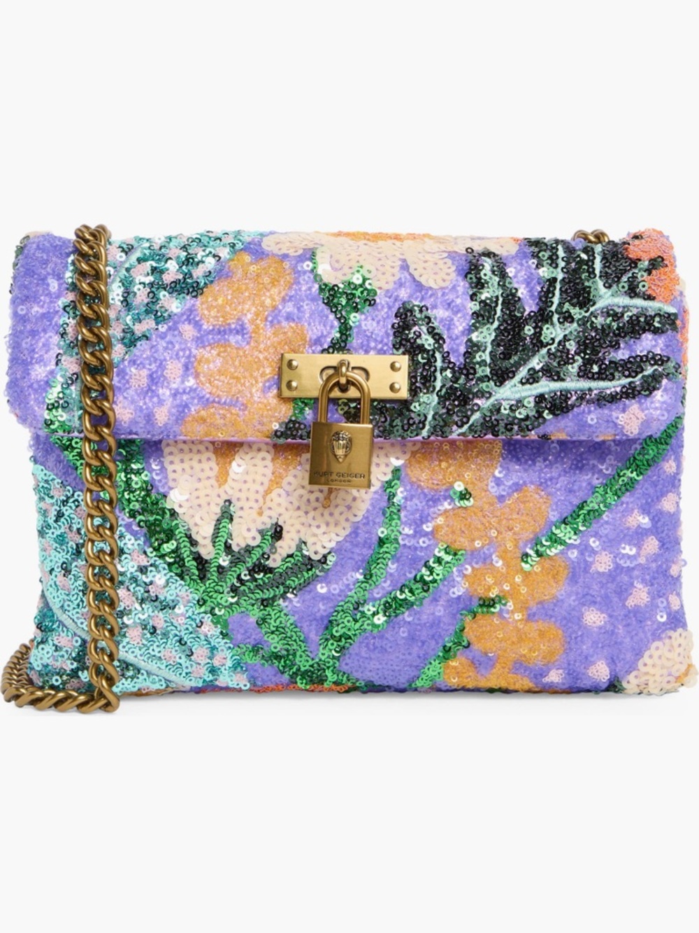 Kurt Geiger Medium Brixton Sequined Floral Shoulder Bag with Gold Chain- NEW